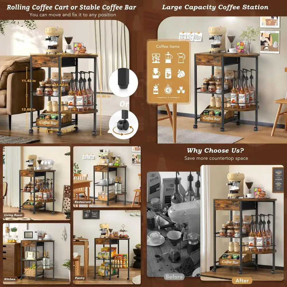 Mobile Rustic Brown Coffee Bar Table with Storage Drawer for Kitchen, Office, and Living Room
Mobile Rustic Brown Coffee Bar Table with Storage Drawer for Kitchen, Office, and Living Room