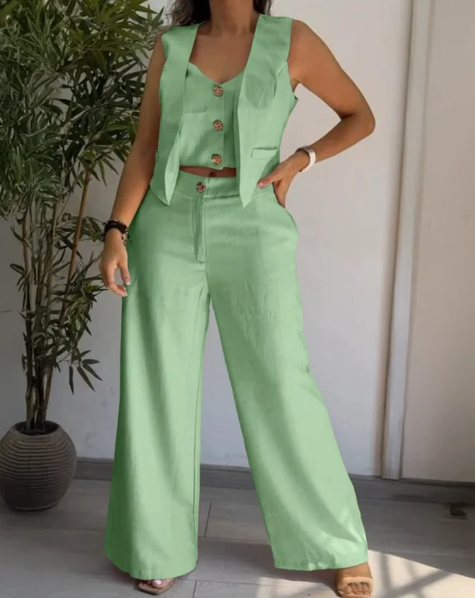 Two Piece Set Women Outfit 2025 Summer New Metal Button Decor V-Neck Sleeveless Tank Top & Casual Plain Loose Fit Pants Set
Two Piece Set Women Outfit 2025 Summer New Metal Button Decor V-Neck Sleeveless Tank Top & Casual Plain Loose Fit Pants Set