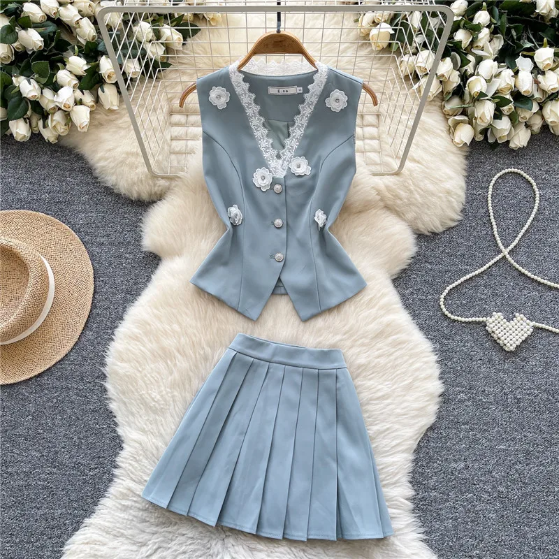 Celebrity Lady Summer Blue Apricot Black Two Piece Suits Lace V Neck Flower Short Tank Top+Pleated Mini Skirt 2pc Dress Sets
Celebrity Lady Summer Blue Apricot Black Two Piece Suits Lace V Neck Flower Short Tank Top+Pleated Mini Skirt 2pc Dress Sets