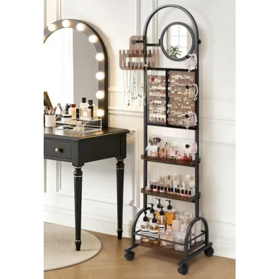 Standing mirror jewelry cabinet for bedroom use, MDF wood in white finish, with LED lighting, adjustable shelves and earring/ne
Standing mirror jewelry cabinet for bedroom use, MDF wood in white finish, with LED lighting, adjustable shelves and earring/ne
