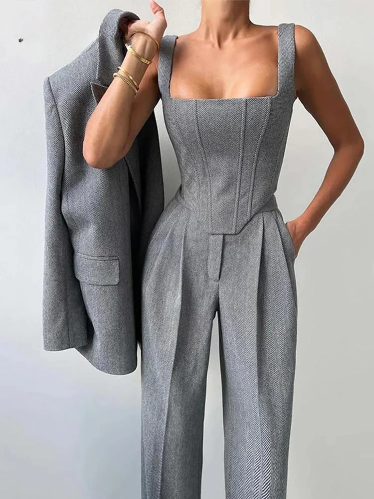 Fishbone Top Blazer Pants Sets 3 Pieces For Women Solid One Button Jacket Crop Tops High Waist Pocket Pant Lady Office Set
Fishbone Top Blazer Pants Sets 3 Pieces For Women Solid One Button Jacket Crop Tops High Waist Pocket Pant Lady Office Set
