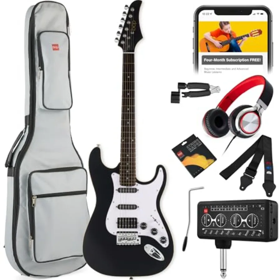 Beginner HSS Electric Guitar Kit for practice and learning, maple neck with rosewood fretboard, black finish, includes headphon
Beginner HSS Electric Guitar Kit for practice and learning, maple neck with rosewood fretboard, black finish, includes headphon