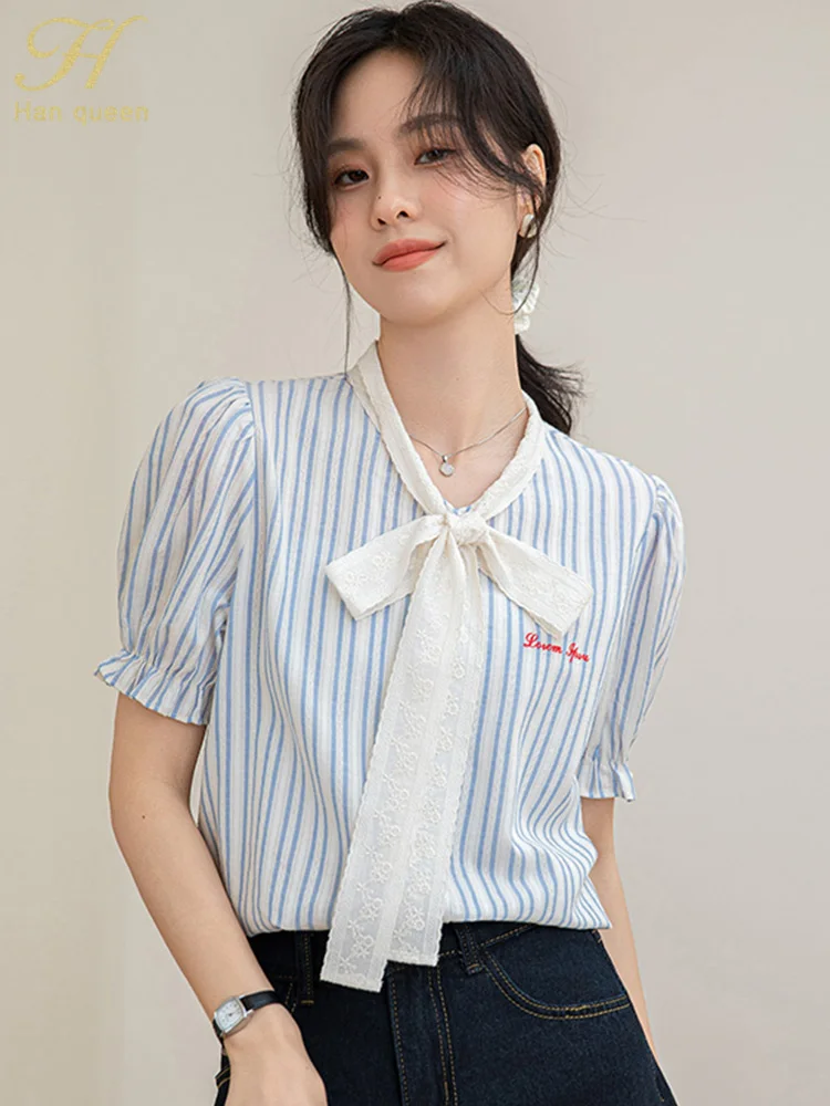 H Han Queen Summer Lace-Up Bow Stripes Loose Shirts Korean Popular Clothes Elegant Blouse Women Work Casual Top Chiffon Blouses
H Han Queen Summer Lace-Up Bow Stripes Loose Shirts Korean Popular Clothes Elegant Blouse Women Work Casual Top Chiffon Blouses