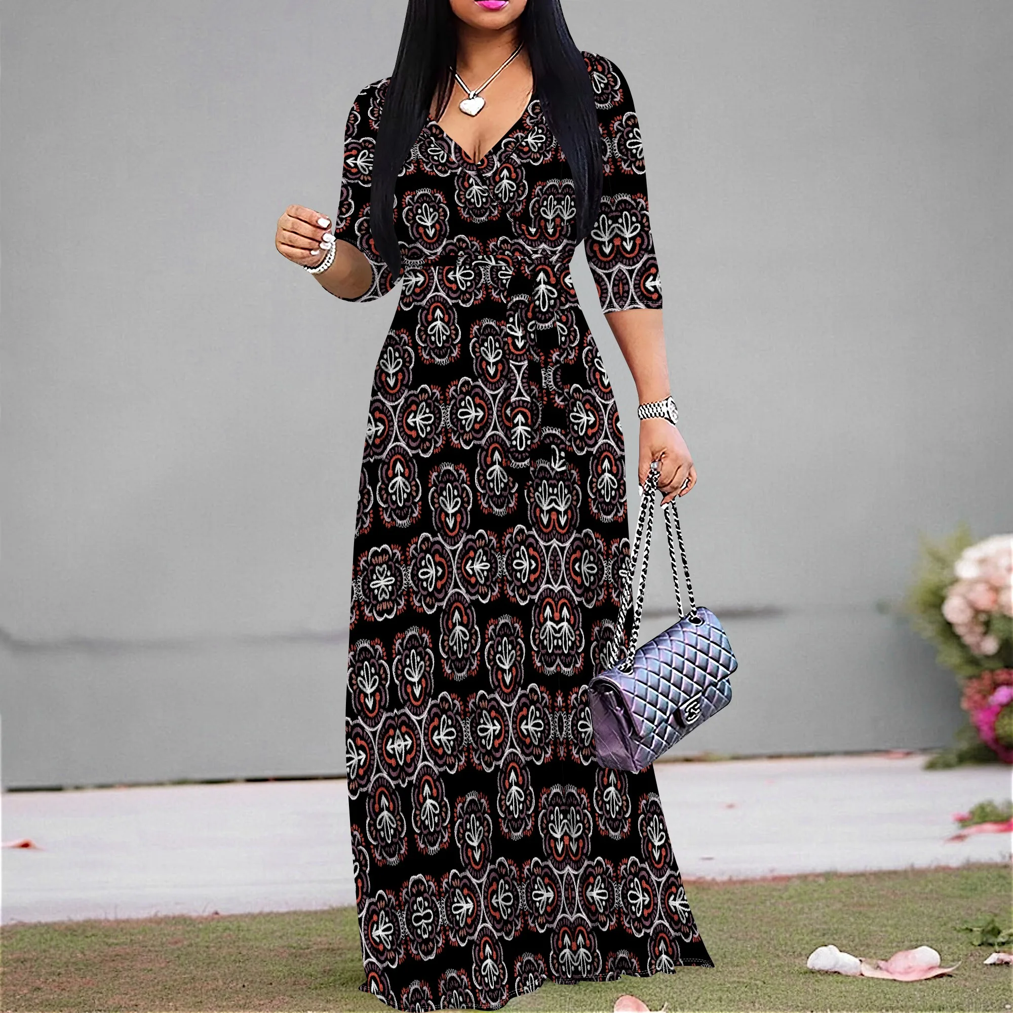 Tribal Print Black Maxi Dress for Women Elegant V Neck Wrap Belted Long Dress African Inspired S-3XL
Tribal Print Black Maxi Dress for Women Elegant V Neck Wrap Belted Long Dress African Inspired S-3XL