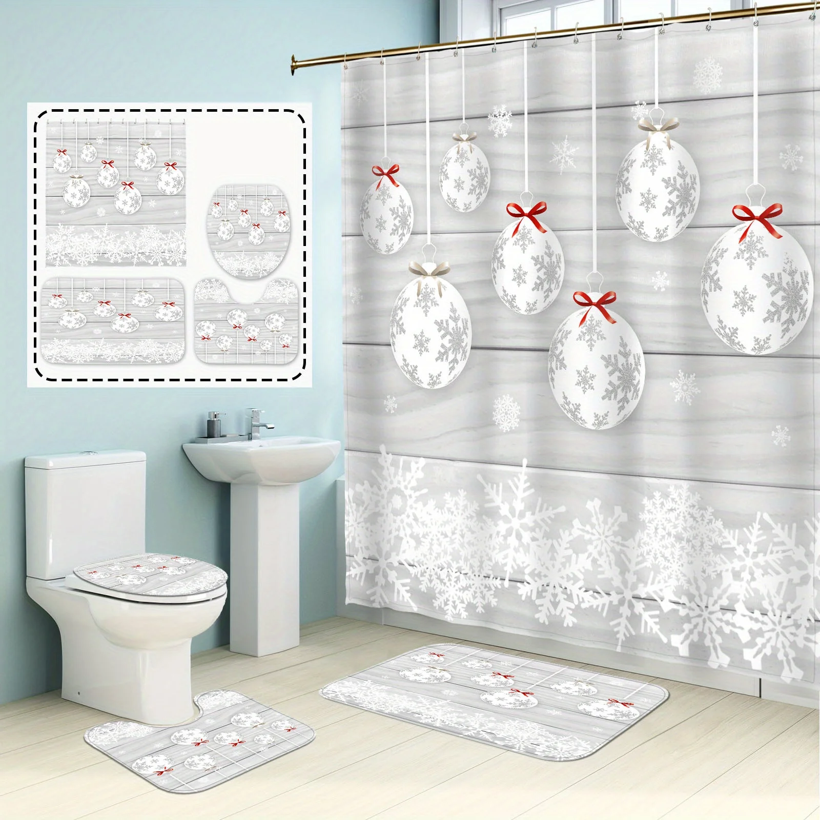 4 Pieces Winter Christmas Bathroom Set, Polyester Shower Curtain, Non-Slip Bath Mat, Toilet U-Shaped Mat, Toilet Seat Mat
4 Pieces Winter Christmas Bathroom Set, Polyester Shower Curtain, Non-Slip Bath Mat, Toilet U-Shaped Mat, Toilet Seat Mat