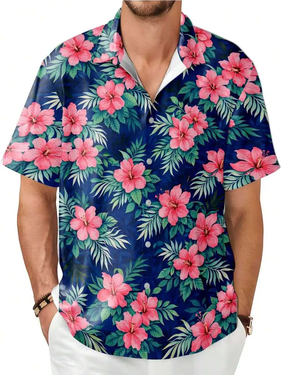 Mens Hawaiian Shirt Pink Hibiscus Floral Print Blue Background Short Sleeve Button Down Casual Summer Beach Shirt
Mens Hawaiian Shirt Pink Hibiscus Floral Print Blue Background Short Sleeve Button Down Casual Summer Beach Shirt