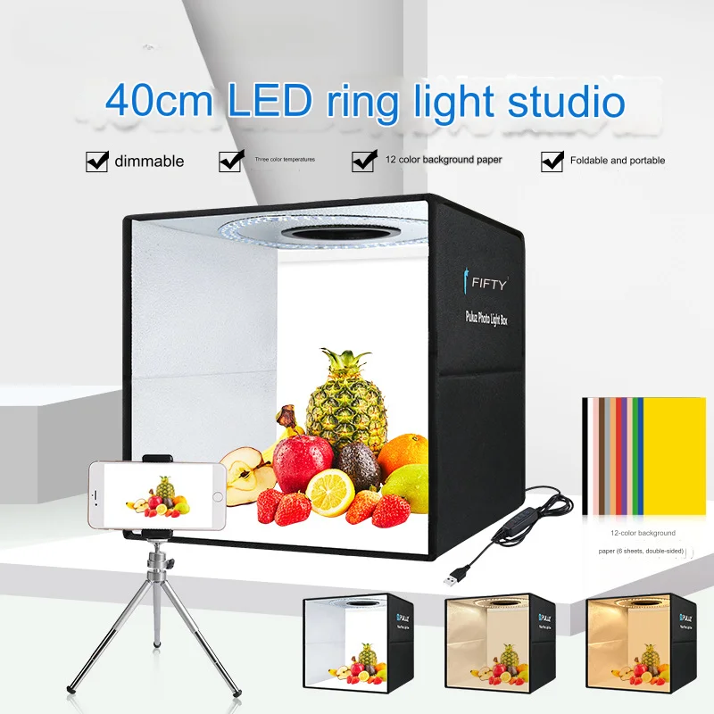 40cm Folding Studio Ring Light LED Portable Simple Folding Studio with 6 Double-sided Color Background Cloths Size 40x40x40cm
40cm Folding Studio Ring Light LED Portable Simple Folding Studio with 6 Double-sided Color Background Cloths Size 40x40x40cm