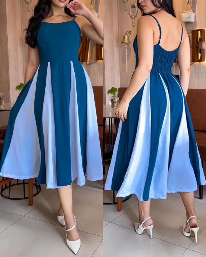Color blocked slim shoulder strap waistline dress, casual back shirt, MIDI dress, new women's clothing for summer 2025
Color blocked slim shoulder strap waistline dress, casual back shirt, MIDI dress, new women's clothing for summer 2025