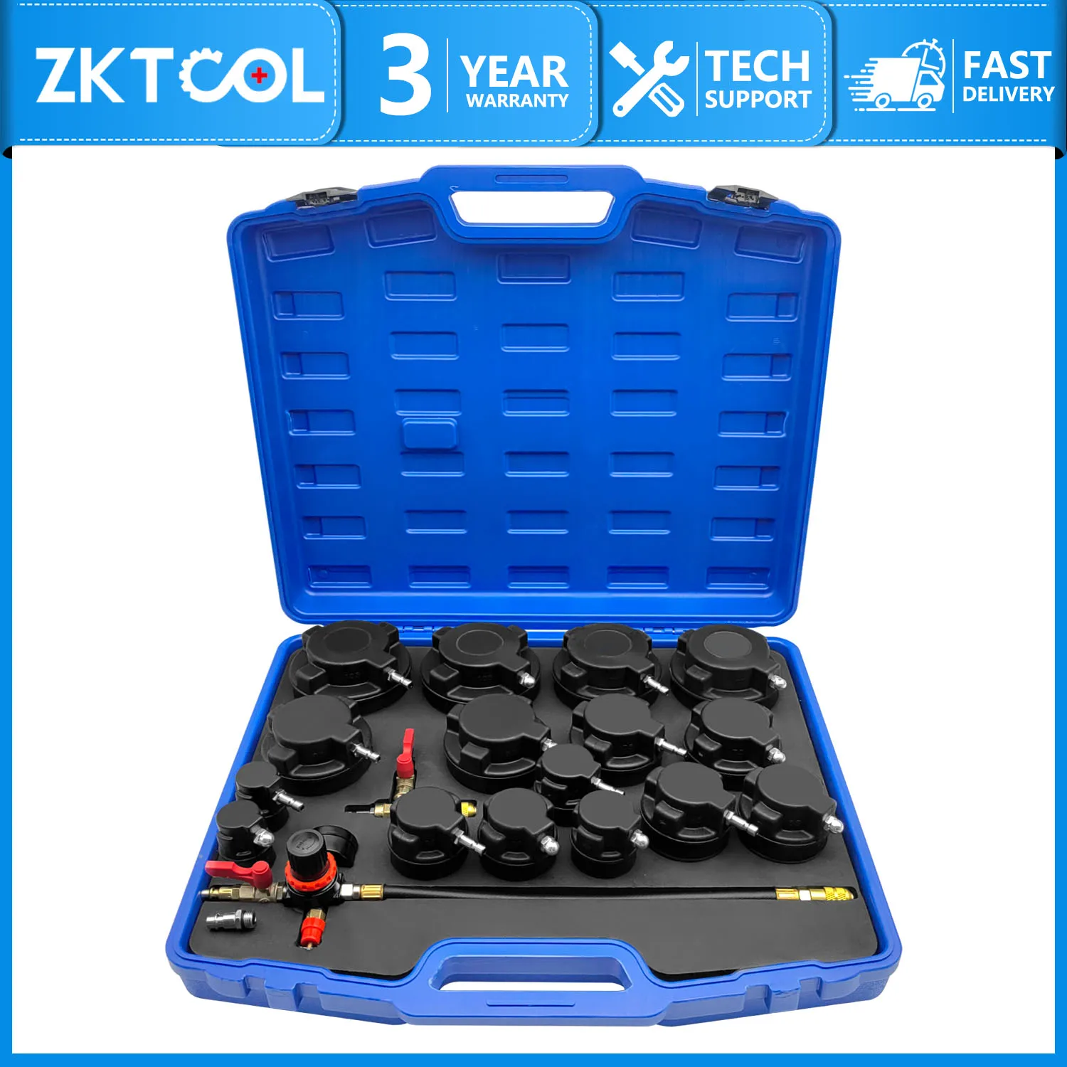 19 Piece Turbo Leak Tester Set with 8 Pairs of Stepped Adapters 1-1/4" to 4-3/8" Piece Tester with Pressure Gauge
19 Piece Turbo Leak Tester Set with 8 Pairs of Stepped Adapters 1-1/4" to 4-3/8" Piece Tester with Pressure Gauge