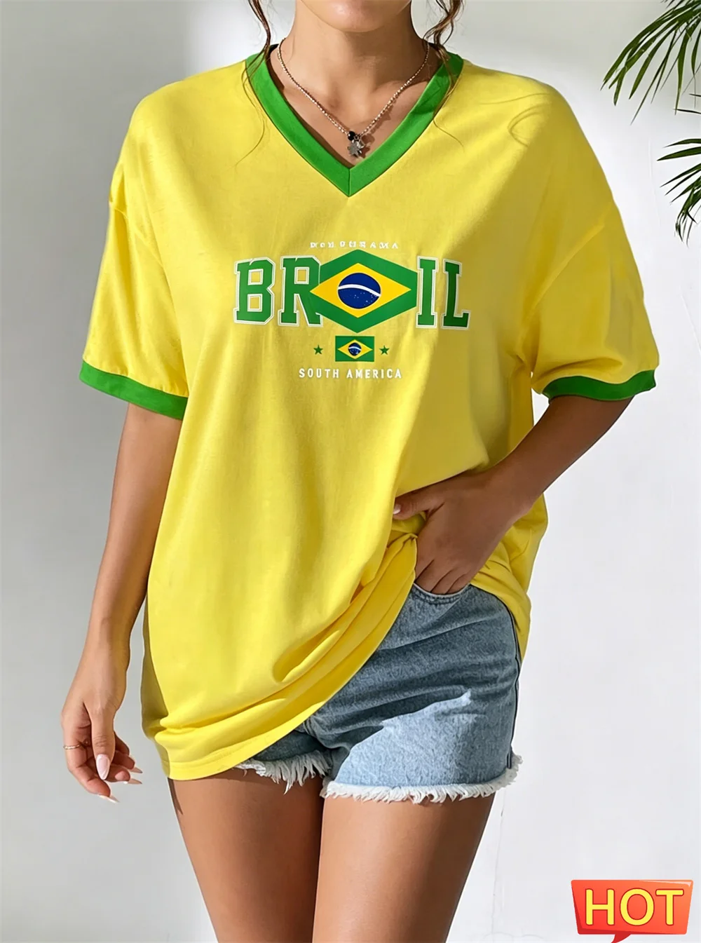 Brazil National Flag Print Women's T-shirt Fashion V-neck Short Sleeve Tee Outdoor Football Sports Jersey Summer Female Clothing
Brazil National Flag Print Women's T-shirt Fashion V-neck Short Sleeve Tee Outdoor Football Sports Jersey Summer Female Clothing