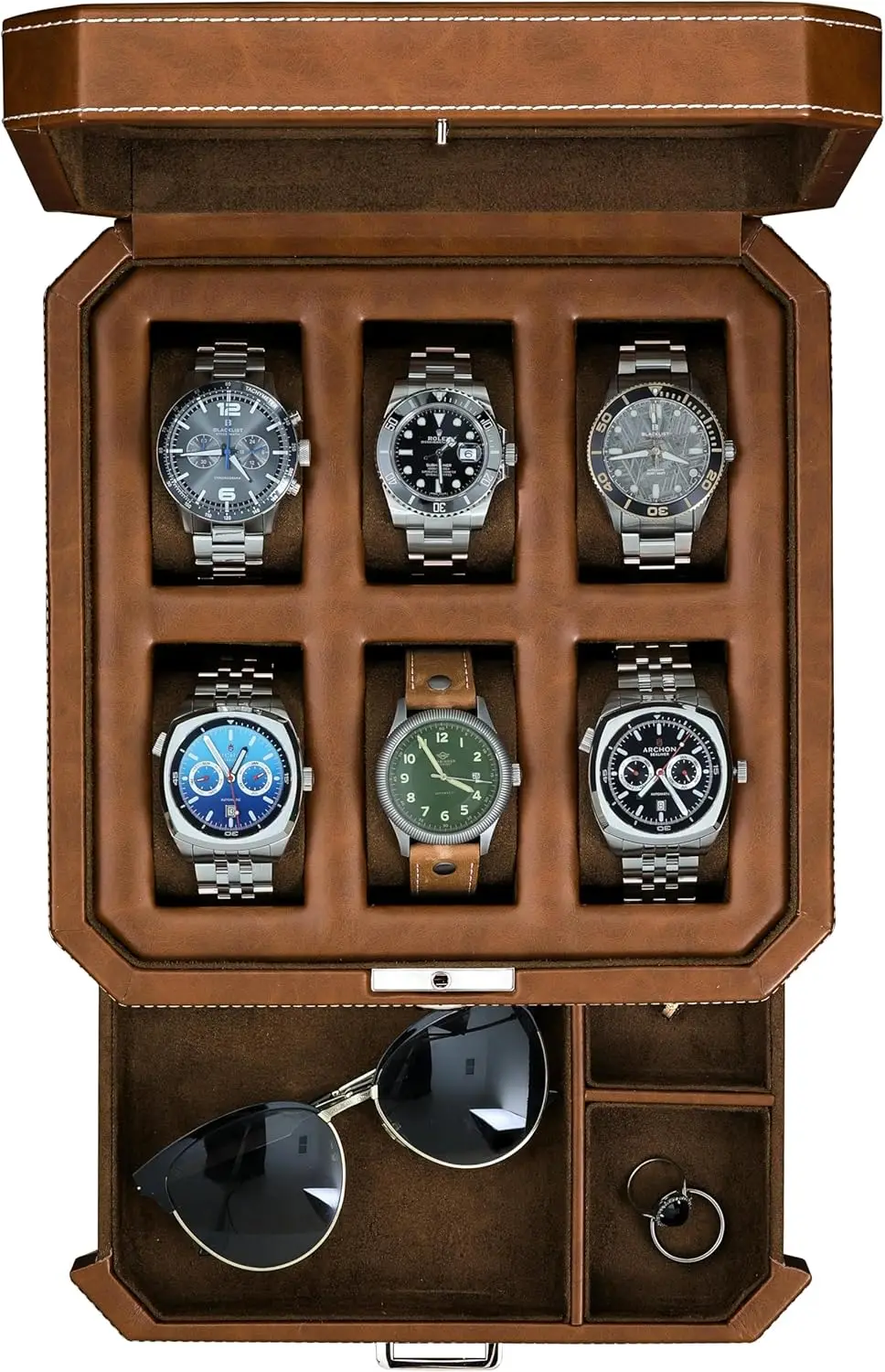 6 Slot Leather Watch Box with Valet Drawer, Luxury Watch Case Display Organizer, Locking Mens Jewelry Holder, Large Glass Top
6 Slot Leather Watch Box with Valet Drawer, Luxury Watch Case Display Organizer, Locking Mens Jewelry Holder, Large Glass Top