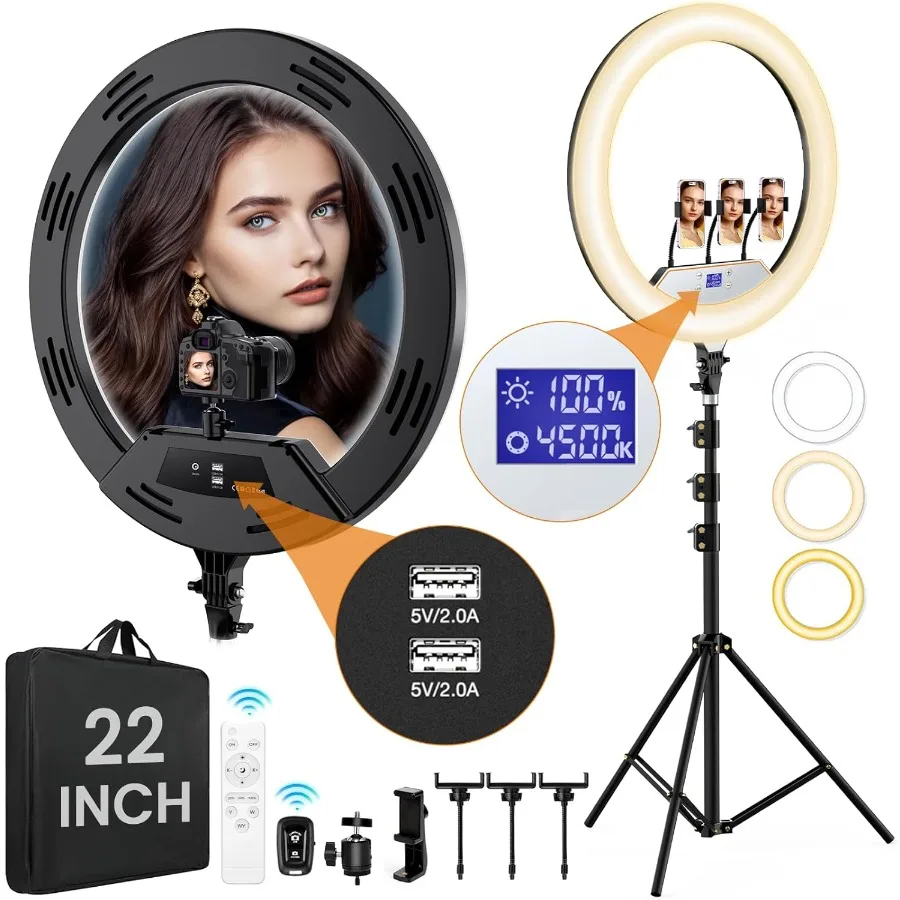 22in Large Ring Light with Stand Featuring 512 LEDs 75 Adjustable Tripod for iPhone LED Display 4 Clips 2 USB Ports 2600K6500K
22in Large Ring Light with Stand Featuring 512 LEDs 75 Adjustable Tripod for iPhone LED Display 4 Clips 2 USB Ports 2600K6500K