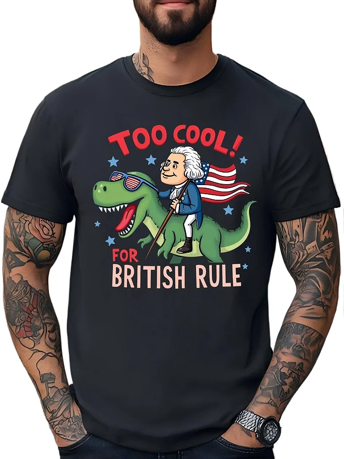 Funny George Washington riding a dinosaur, American flag pattern, cotton round neck short sleeve T-shirt.
Funny George Washington riding a dinosaur, American flag pattern, cotton round neck short sleeve T-shirt.