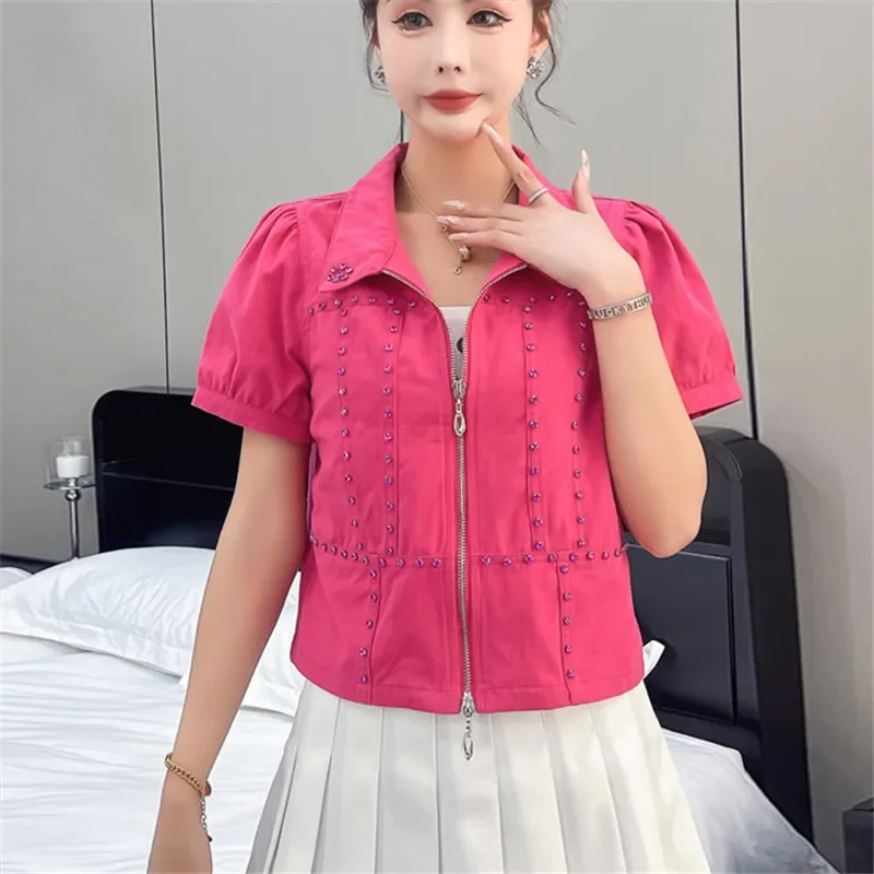 Summer New Women Fashion Beaded Diamond Thin Short Denim Jacket Korean Lapel Short Sleeve Jeans Jacket Coat Green Yellow Blue
Summer New Women Fashion Beaded Diamond Thin Short Denim Jacket Korean Lapel Short Sleeve Jeans Jacket Coat Green Yellow Blue