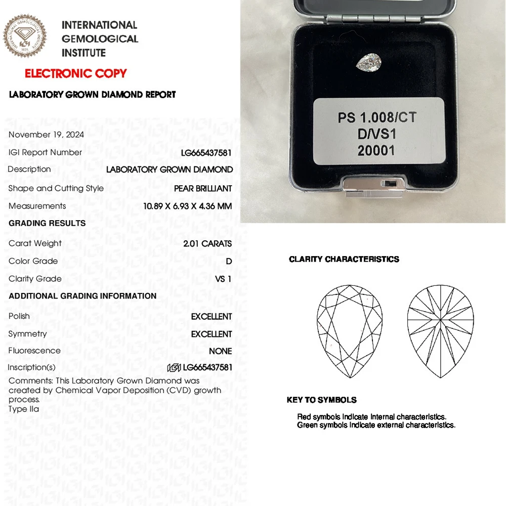 IGI 1ct-3cts D VS1 CVD Алмазная грушевидная огранка Белые лабораторные выращенные бриллиантовые драгоценные камни
IGI 1ct-3cts D VS1 CVD Алмазная грушевидная огранка Белые лабораторные выращенные бриллиантовые драгоценные камни