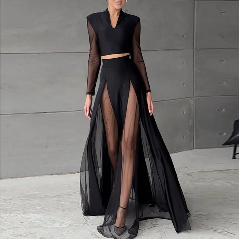 Fashion Women's V Neck Crop Top with Long Skirt Two Piece Set Sexy See Through Mesh Patchwork Party Suit Casual Vacation Outfit
Fashion Women's V Neck Crop Top with Long Skirt Two Piece Set Sexy See Through Mesh Patchwork Party Suit Casual Vacation Outfit