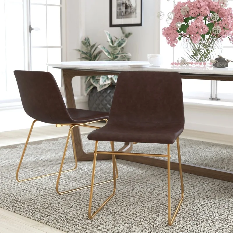 18 inch Dining Table Height Chair, Mid-Back Sled Base Dining Chair in Dark Brown LeatherSoft with Gold Frame, Set of 2
18 inch Dining Table Height Chair, Mid-Back Sled Base Dining Chair in Dark Brown LeatherSoft with Gold Frame, Set of 2