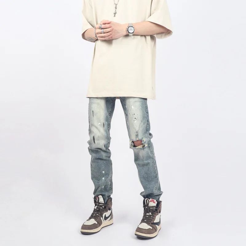 High Street Washing Make Old Blue Splash-ink Retro Ripped Jeans Male Slim Pencil Pants Full Length Denim Trousers Streetwear Men
High Street Washing Make Old Blue Splash-ink Retro Ripped Jeans Male Slim Pencil Pants Full Length Denim Trousers Streetwear Men