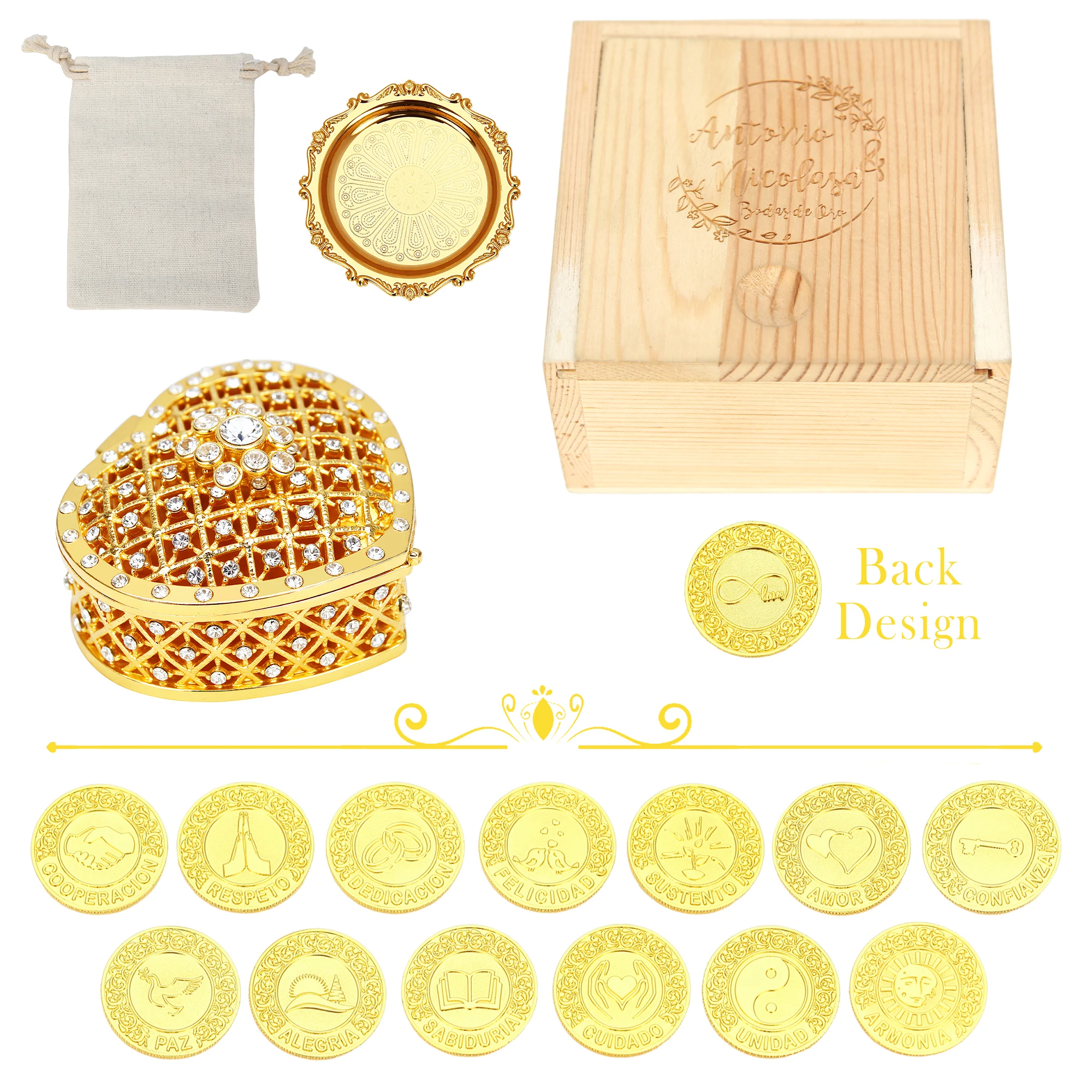 13 Spanish Words Arras para Boda Catolica, Wedding Unity Coins Set with Heart Box, Arras de Boda Cristian for Wedding Ceremony
13 Spanish Words Arras para Boda Catolica, Wedding Unity Coins Set with Heart Box, Arras de Boda Cristian for Wedding Ceremony