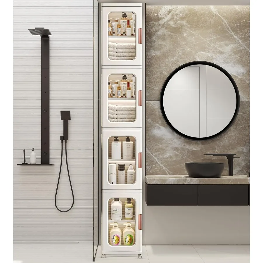 Narrow Bathroom Storage Cabinet with Doors and Shelves 4Tiers Slim Tall Storage Organizer with Wheels Plastic Foldable Skinny S
Narrow Bathroom Storage Cabinet with Doors and Shelves 4Tiers Slim Tall Storage Organizer with Wheels Plastic Foldable Skinny S