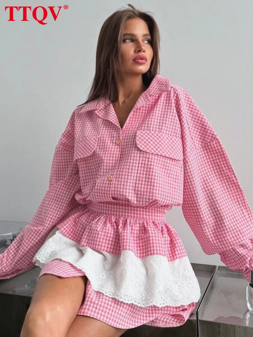 TTQV Fashion Loose Pink Plaid 2 Piece Set Women 2026 Elegant Long Sleeve Shirt With High Waist Mini Skirt Set Female Streetwear
TTQV Fashion Loose Pink Plaid 2 Piece Set Women 2026 Elegant Long Sleeve Shirt With High Waist Mini Skirt Set Female Streetwear