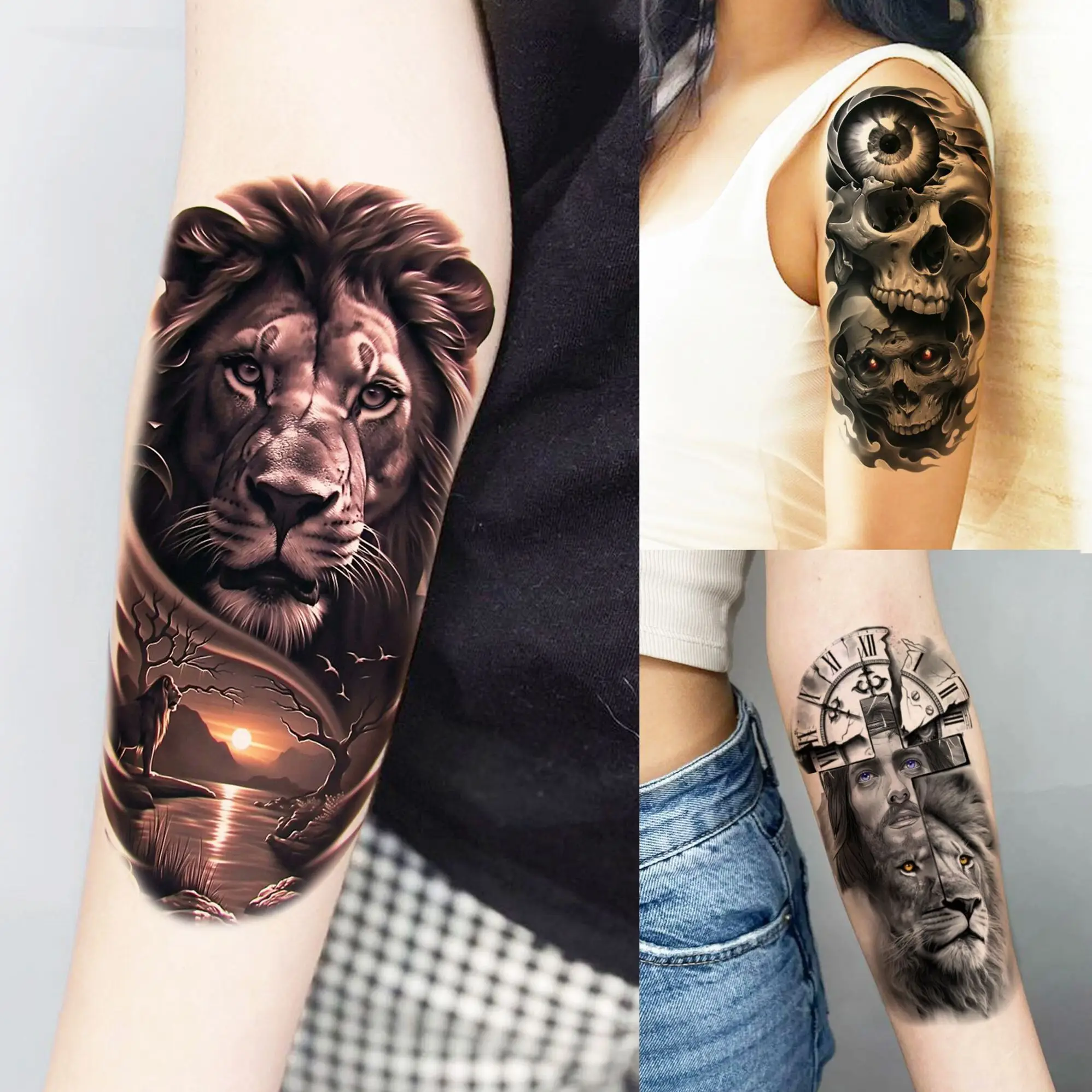 1 Sheet Creative Jesus Lion Skull Temporary Tattoos For Men Women Adults Waterproof Realistic Fake Tattoo Sticker Long Lasting
1 Sheet Creative Jesus Lion Skull Temporary Tattoos For Men Women Adults Waterproof Realistic Fake Tattoo Sticker Long Lasting