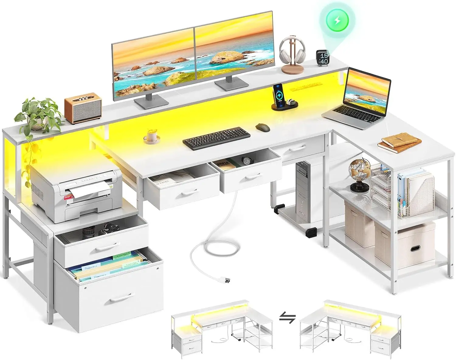 AODK L Shaped Desk with 5 File Drawers, 66" Reversible L Shaped Computer Desk with Power Outlet & LED Strip, Office Desk with
AODK L Shaped Desk with 5 File Drawers, 66" Reversible L Shaped Computer Desk with Power Outlet & LED Strip, Office Desk with