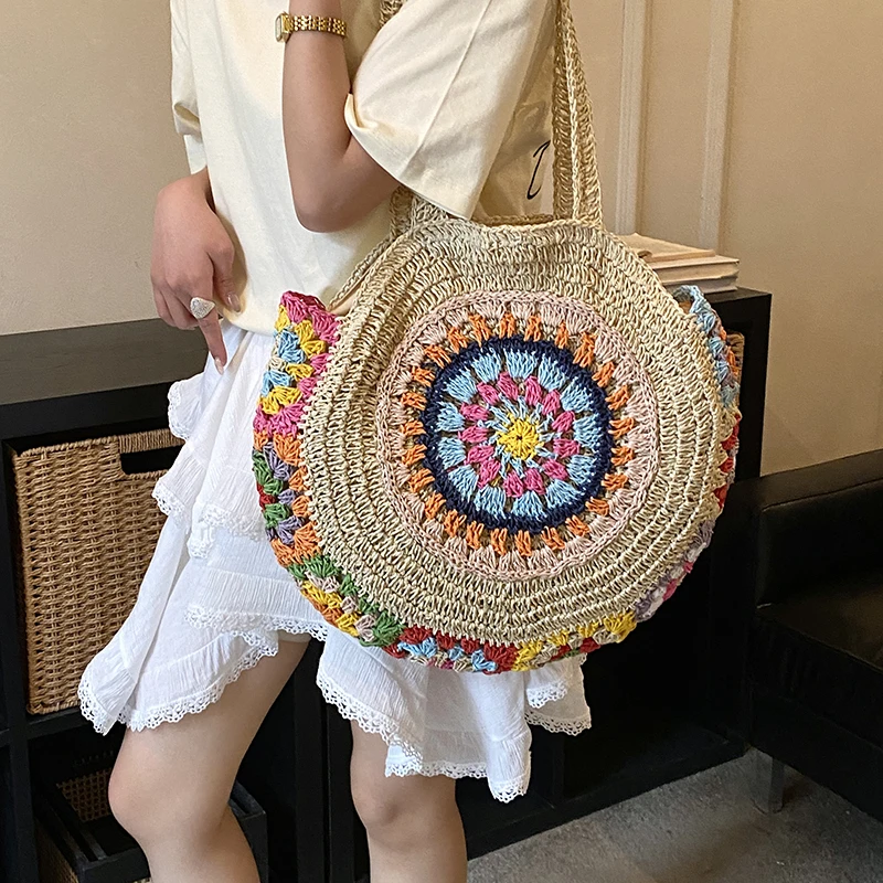 Round Bags for Women Colorful Straw Beach Shoulder Bag Travel Handmade Woven Handbags Female Large Capacity Top Handle Tote Bag
Round Bags for Women Colorful Straw Beach Shoulder Bag Travel Handmade Woven Handbags Female Large Capacity Top Handle Tote Bag