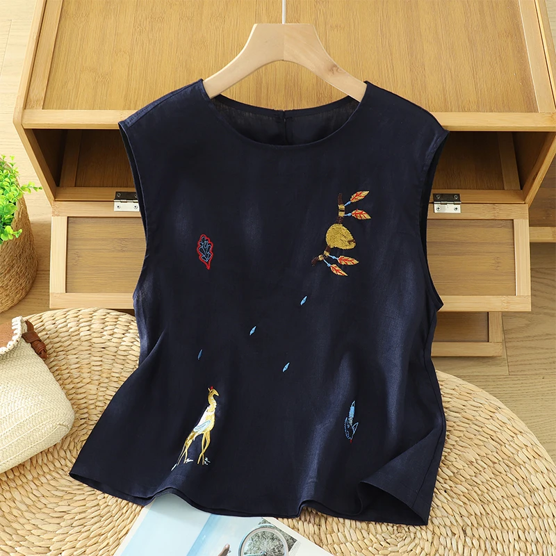 Loose Fit Cotton Linen Sleeveless Vest round Neck Embroidered Japanese Casual Style Dark Blue Women's Summer Slimming Top
Loose Fit Cotton Linen Sleeveless Vest round Neck Embroidered Japanese Casual Style Dark Blue Women's Summer Slimming Top