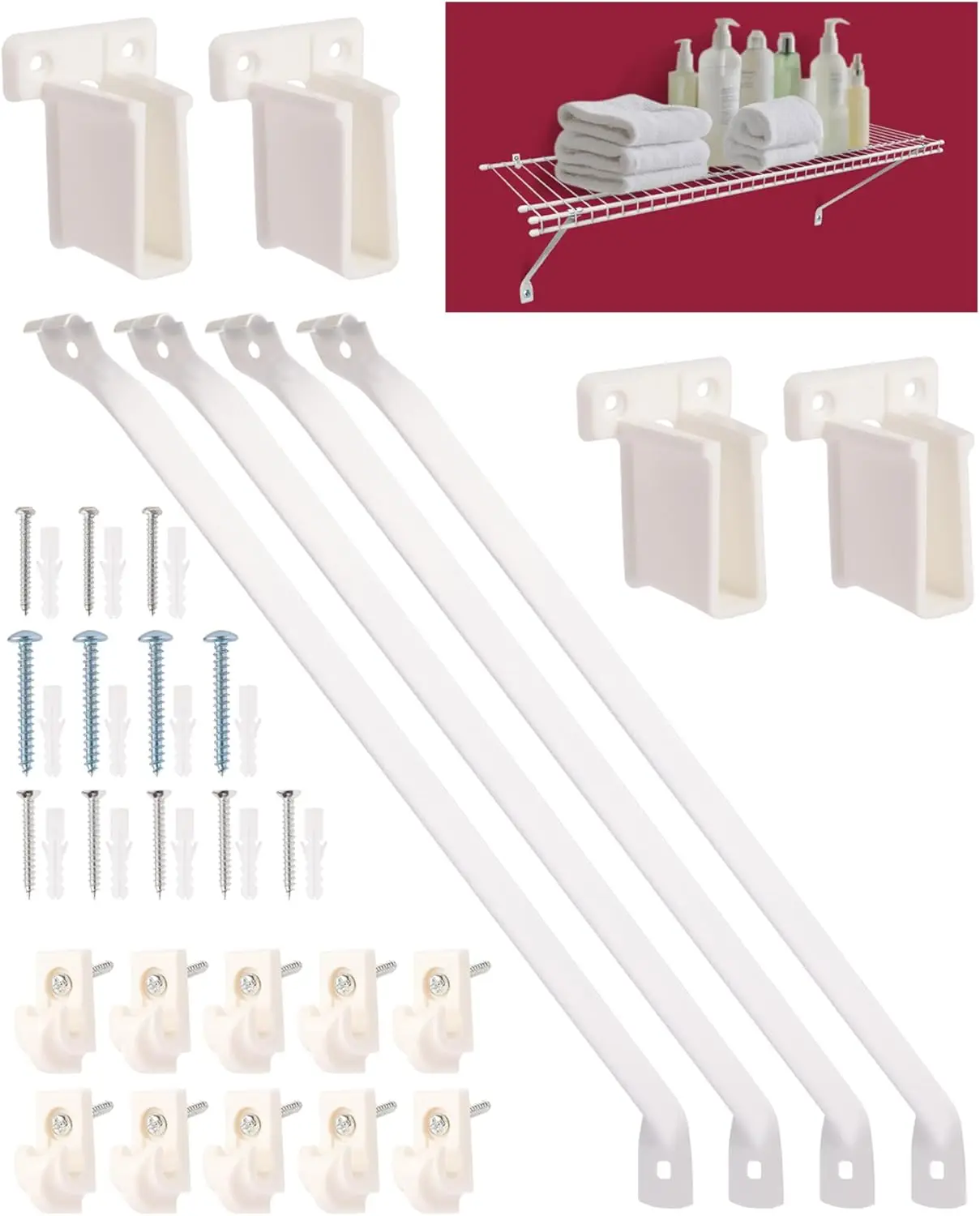 12in Wire Shelf Brackets Kit for Standard Shelves, 25kg Load, Rust-Proof Metal with 4 Brackets, 4 End & 10 Clips for Pantry
12in Wire Shelf Brackets Kit for Standard Shelves, 25kg Load, Rust-Proof Metal with 4 Brackets, 4 End & 10 Clips for Pantry