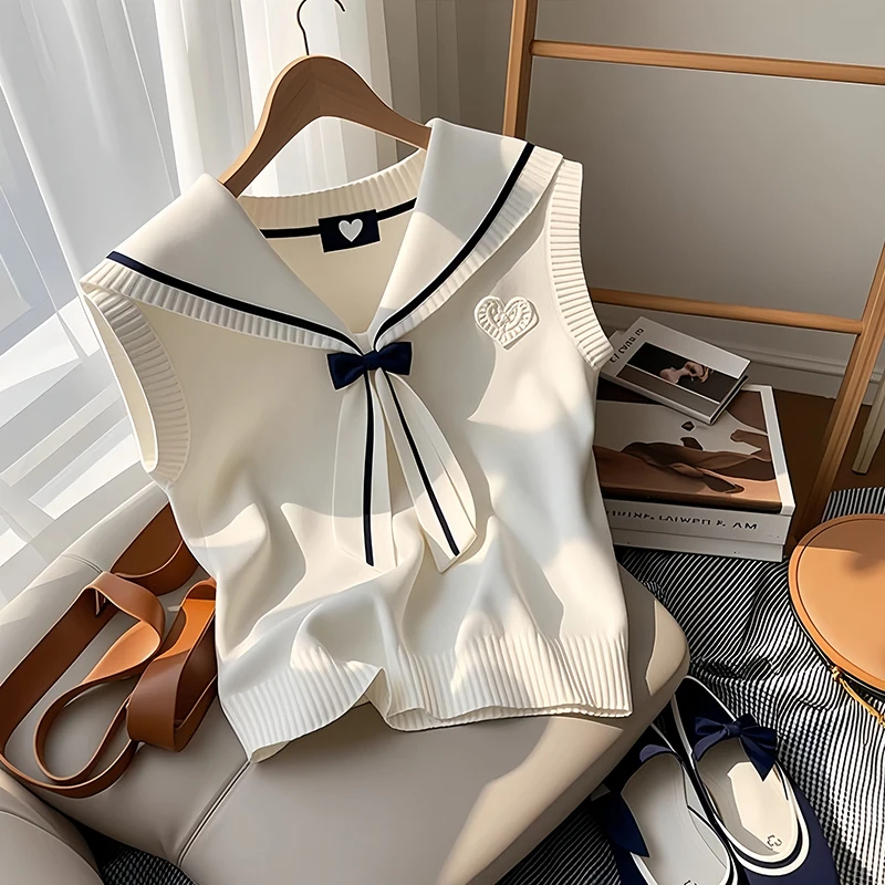White Navy Collar Knot Outerwear Knitted Vest Korean Atmosphere Sense Women's Fashionable Versatile Top Spring Summer
White Navy Collar Knot Outerwear Knitted Vest Korean Atmosphere Sense Women's Fashionable Versatile Top Spring Summer
