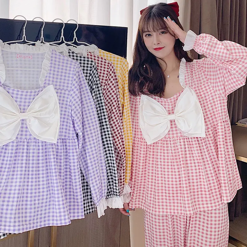 Long-sleeved Bow Pajamas Set Women's Autumn Sweet and Lovely Princess Style Sleepwear Winter Plaid Two-piece Outer Wear Clothes
Long-sleeved Bow Pajamas Set Women's Autumn Sweet and Lovely Princess Style Sleepwear Winter Plaid Two-piece Outer Wear Clothes