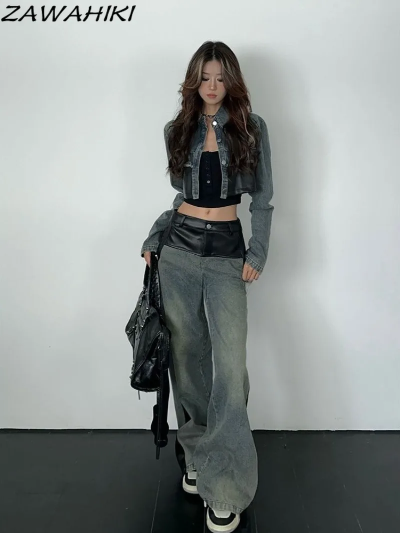 ZAWAHIKI Vintage Y2K Fall Winter Patchwork Contrast Color Chic Denim Jackets for Women + Hiah Waist Wide Leg Streetwear Jeans
ZAWAHIKI Vintage Y2K Fall Winter Patchwork Contrast Color Chic Denim Jackets for Women + Hiah Waist Wide Leg Streetwear Jeans