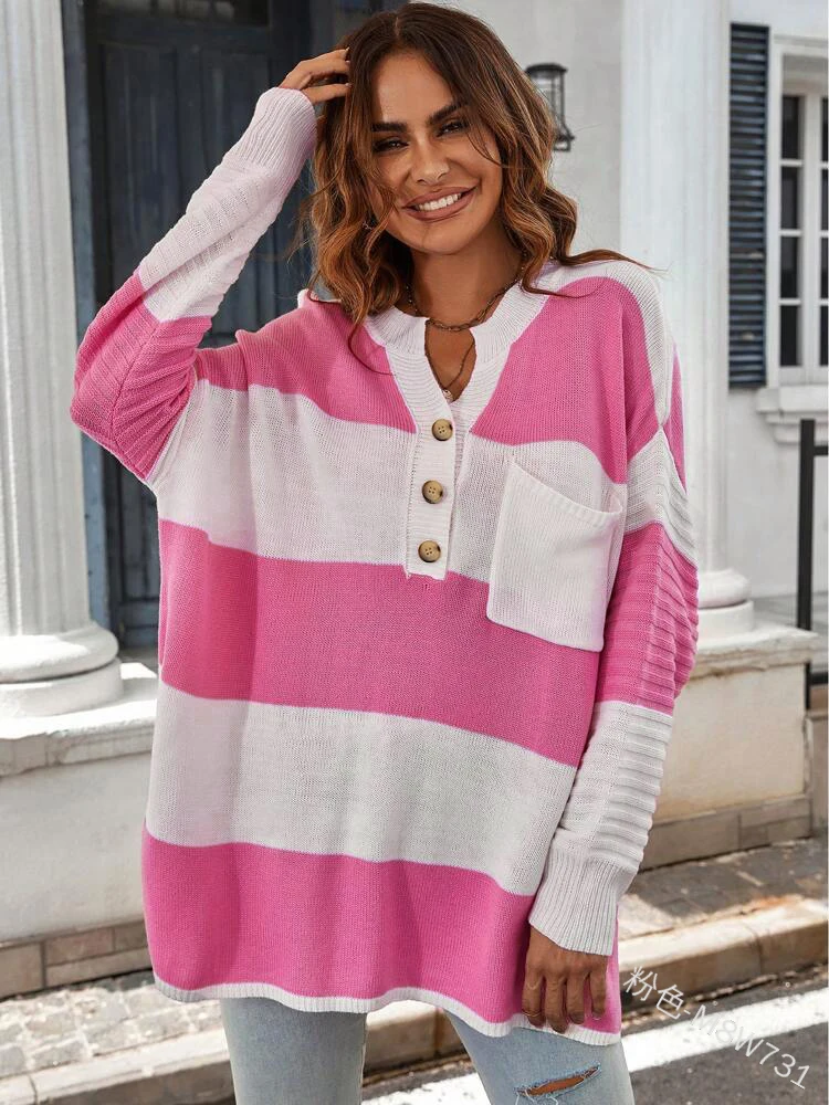 Button Front Knitted Pullover Sweater, Casual Long Sleeve Color Block Loose Sweater, Women's Clothing
Button Front Knitted Pullover Sweater, Casual Long Sleeve Color Block Loose Sweater, Women's Clothing