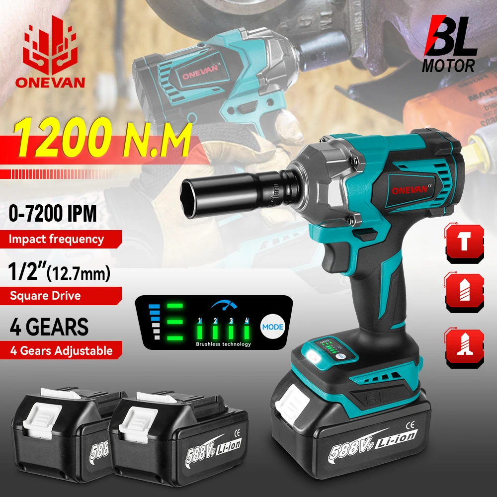 1200N.M Torque 1/2 Inch Brushless Electric Impact Wrench Cordless Screwdriver Socket Wrench Power Tools For Makita 18V Battery
1200N.M Torque 1/2 Inch Brushless Electric Impact Wrench Cordless Screwdriver Socket Wrench Power Tools For Makita 18V Battery