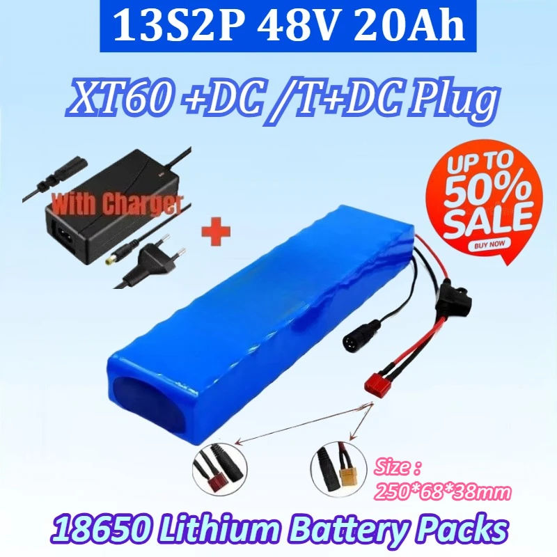 18650 Lithium Battery Packs 13S2P 48V 20Ah Rechargeable Battery for 54.6V Built-in BMS with Charger for XT60 +DC /T+DC Plug
18650 Lithium Battery Packs 13S2P 48V 20Ah Rechargeable Battery for 54.6V Built-in BMS with Charger for XT60 +DC /T+DC Plug