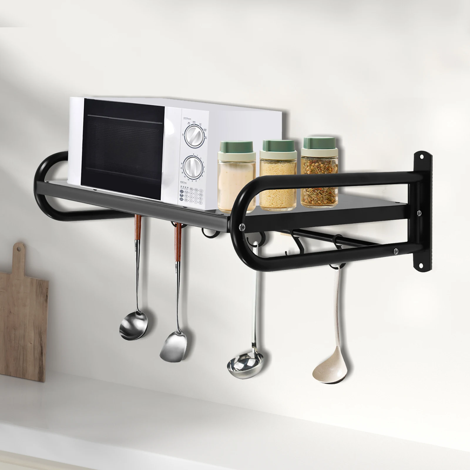 (Black) Wall-Mounted Microwave Stand, Carbon Steel Wall Shelf with Hooks, Shelving Board & Support Brackets, Load Capacity 30 KG
(Black) Wall-Mounted Microwave Stand, Carbon Steel Wall Shelf with Hooks, Shelving Board & Support Brackets, Load Capacity 30 KG