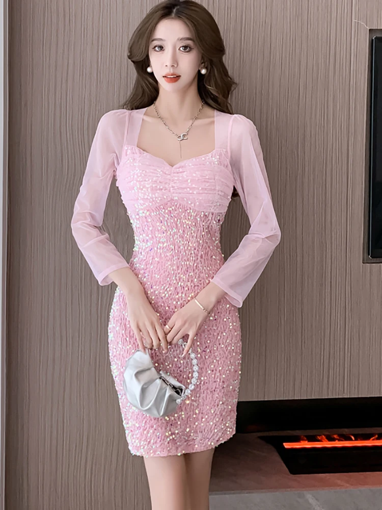 Vestidos Short Dresses Pink Sequins Patchwork Mesh Square CollarKorean Luxury Elegant Party Dress Women Autumn Winter Chic Dress
Vestidos Short Dresses Pink Sequins Patchwork Mesh Square CollarKorean Luxury Elegant Party Dress Women Autumn Winter Chic Dress