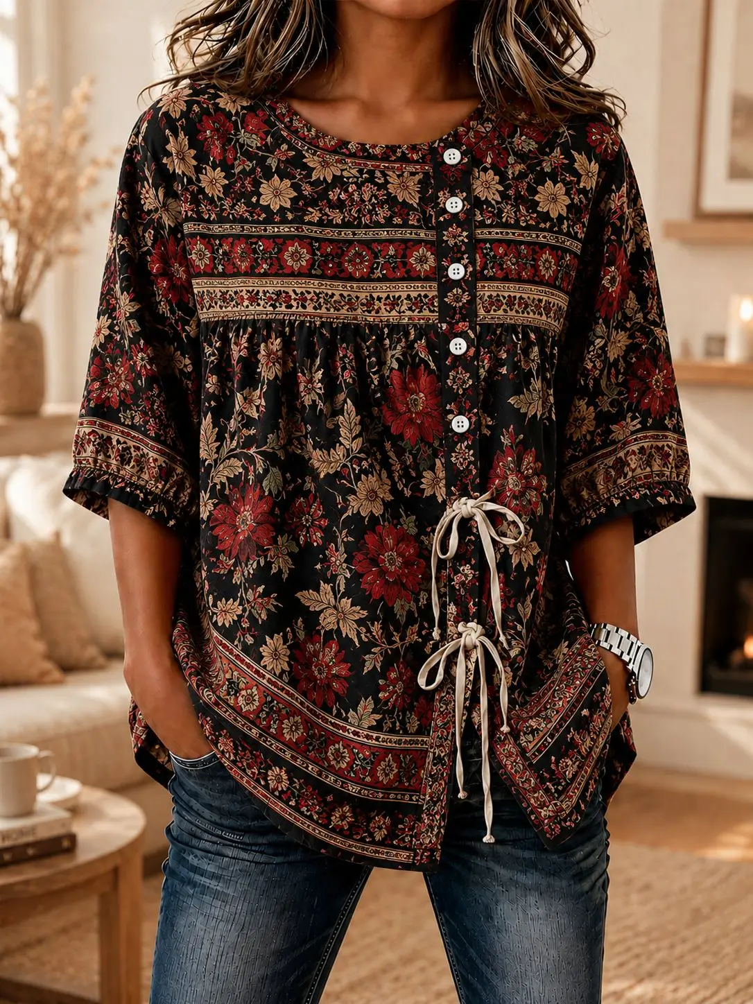 Women's Boho Black Floral Border Print Drawstring Button Up Blouse, Casual Round Neck Tops for Spring Summer Daily Wear
Women's Boho Black Floral Border Print Drawstring Button Up Blouse, Casual Round Neck Tops for Spring Summer Daily Wear