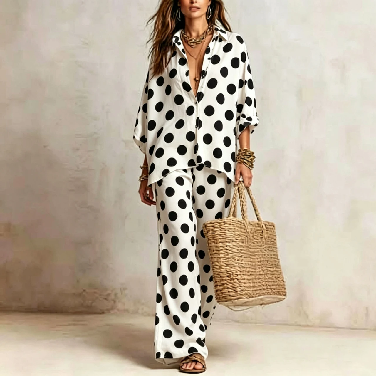 Women's Polka Dot Print 2-Piece Outfit 3/4 Sleeve Button-Down Shirt High Waist Wide Leg Pants Casual Summer Co-ord Matching Set
Women's Polka Dot Print 2-Piece Outfit 3/4 Sleeve Button-Down Shirt High Waist Wide Leg Pants Casual Summer Co-ord Matching Set