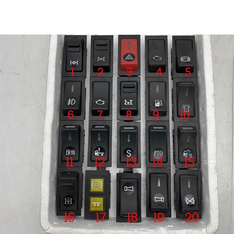For SINOTRUK Howo 336 380 Cab Instrument Panel Rocker Switch Emergency Light Differential Lock Power Takeoff PTO Exhaust Brake
For SINOTRUK Howo 336 380 Cab Instrument Panel Rocker Switch Emergency Light Differential Lock Power Takeoff PTO Exhaust Brake