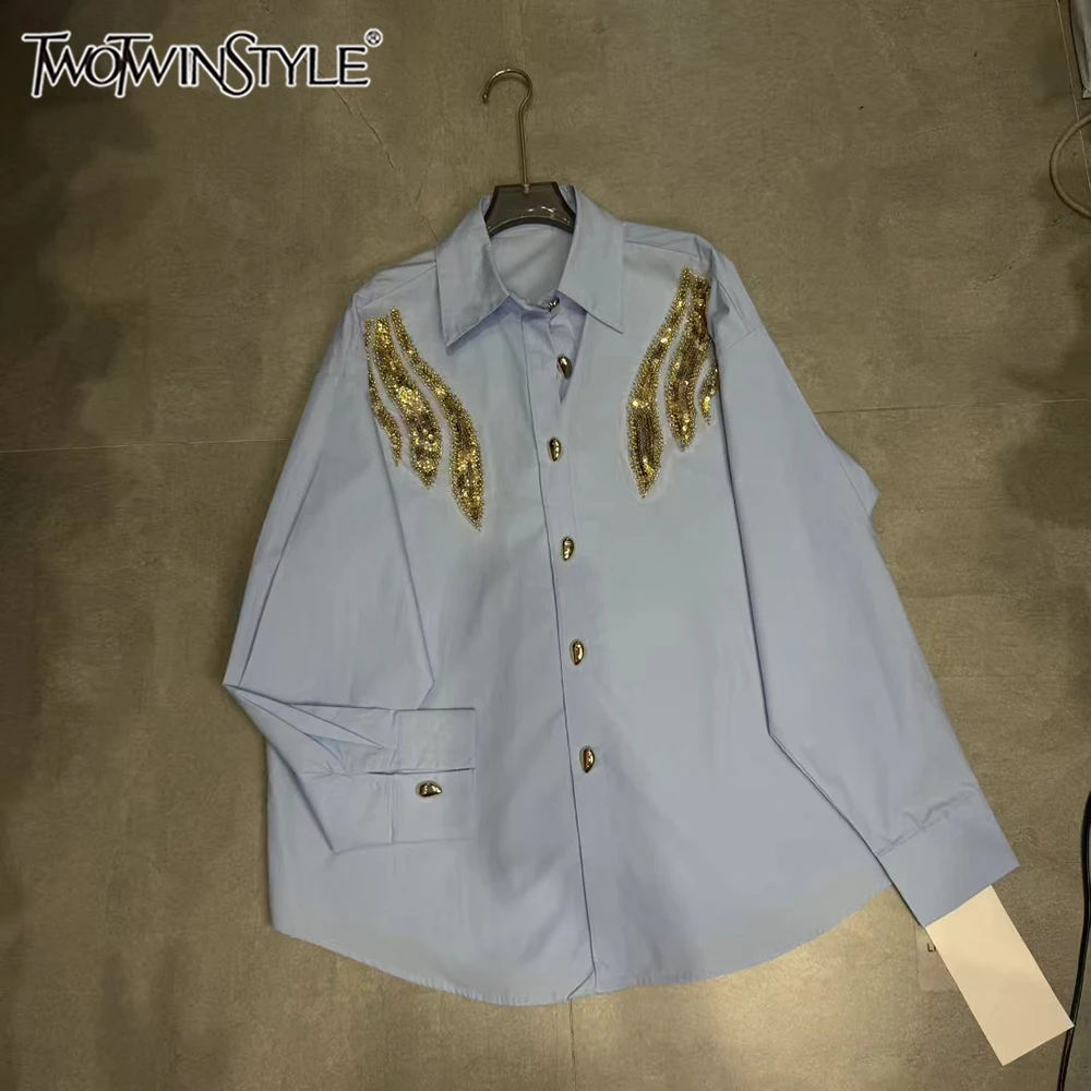 TWOTWINSTYLE Solid Spliced Sequin Casual Loose Blouses For Women Lapel Long Sleeve Temperament Shirts Female Fashion KBL545919
TWOTWINSTYLE Solid Spliced Sequin Casual Loose Blouses For Women Lapel Long Sleeve Temperament Shirts Female Fashion KBL545919