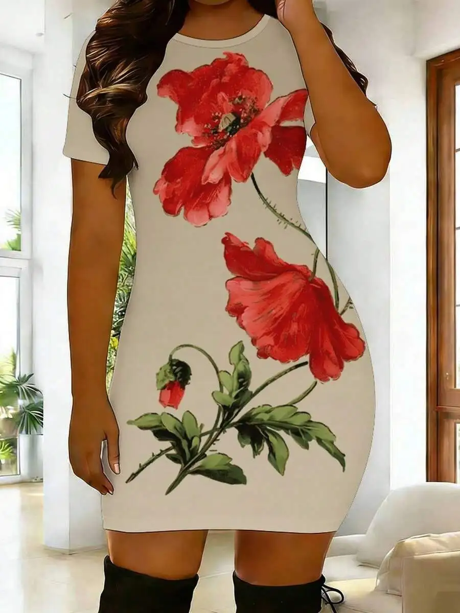 Womens Bodycon Dress With Red Floral Print Round Neck Short Sleeve
Womens Bodycon Dress With Red Floral Print Round Neck Short Sleeve