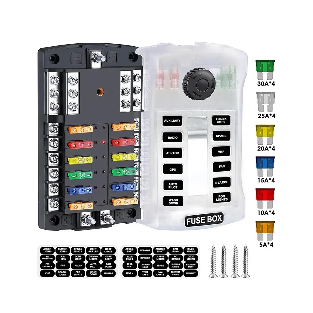 300A 12 Way Blade Fuse Block, Waterproof 12 Circuits Boat Fuse Box Panel with Dual Positive Power Inputs and Negative Bus, Stand
300A 12 Way Blade Fuse Block, Waterproof 12 Circuits Boat Fuse Box Panel with Dual Positive Power Inputs and Negative Bus, Stand