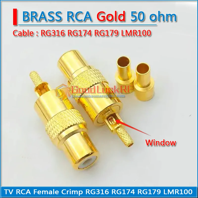 TV RCA Female RCA Male Window Plug Crimp for RG316 RG174 RG179 LMR100 Cable RF Coaxial Connector Socket Adapter Straight GOLD
TV RCA Female RCA Male Window Plug Crimp for RG316 RG174 RG179 LMR100 Cable RF Coaxial Connector Socket Adapter Straight GOLD