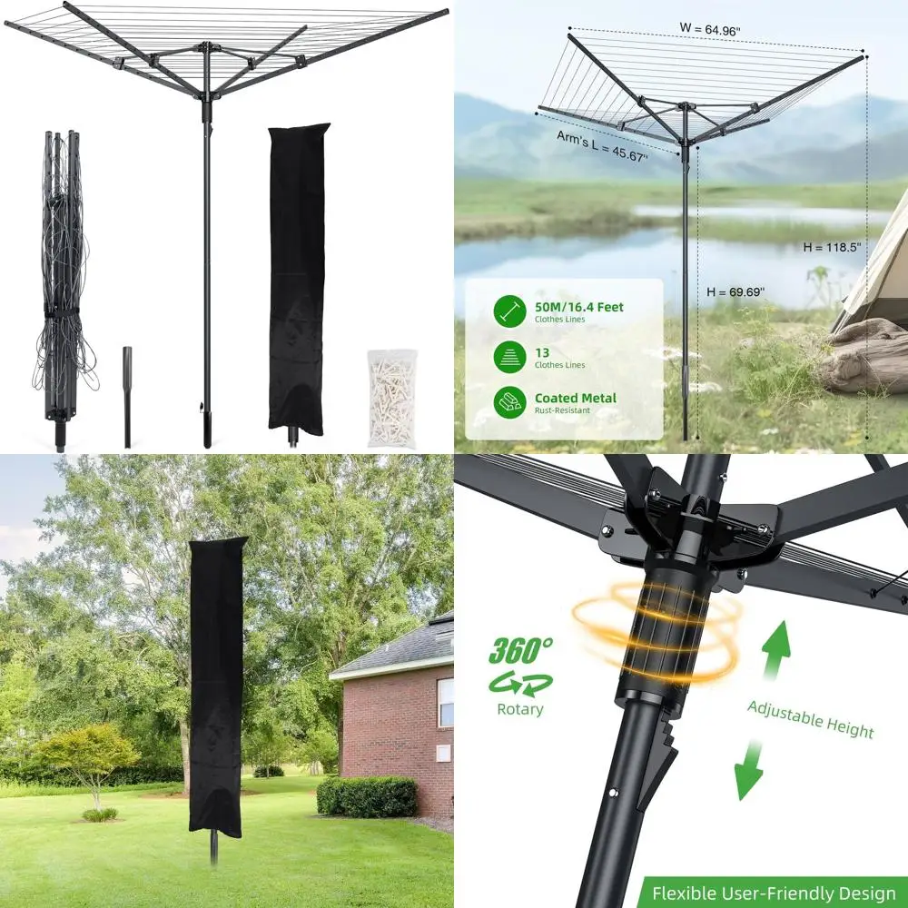 Adjustable 4-Arm Outdoor Clothes Drying Rack with 12 Lines, 165ft Space, Steel Frame and Ground Spike
Adjustable 4-Arm Outdoor Clothes Drying Rack with 12 Lines, 165ft Space, Steel Frame and Ground Spike
