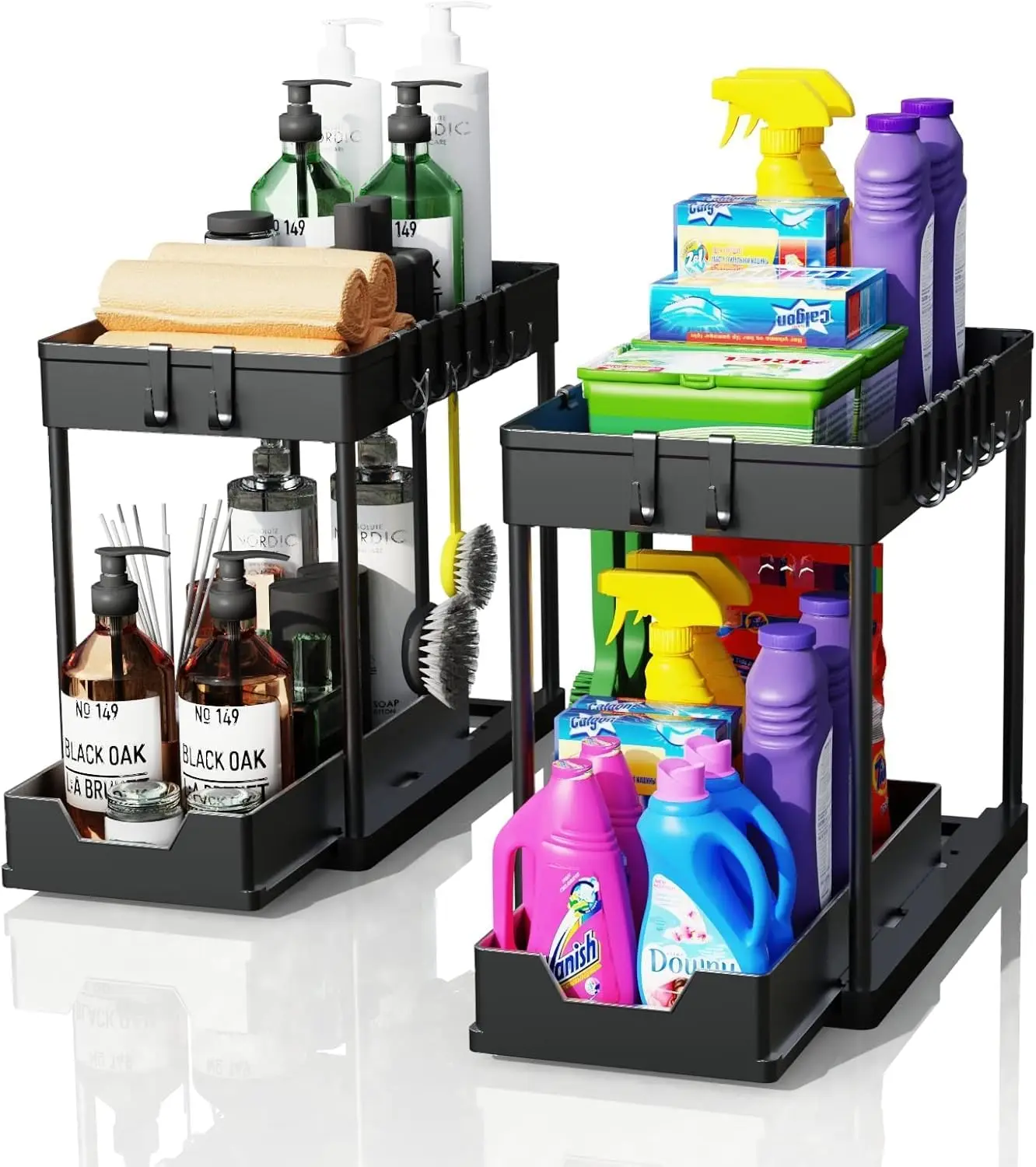 2 Pack black Under Sink Organizers and Storage, 2-Tier Sliding Cabinet Basket Organizer with Hooks
2 Pack black Under Sink Organizers and Storage, 2-Tier Sliding Cabinet Basket Organizer with Hooks