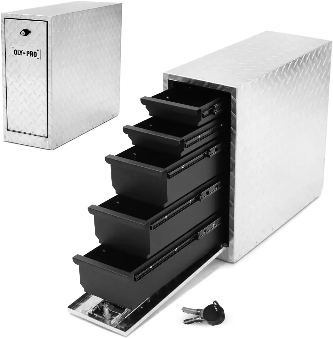 Heavy-Duty 8-Inch Silver Aluminum Tool Box with 5 Drawers and Lock for Pickup Trucks, Jobsite Storage
Heavy-Duty 8-Inch Silver Aluminum Tool Box with 5 Drawers and Lock for Pickup Trucks, Jobsite Storage
