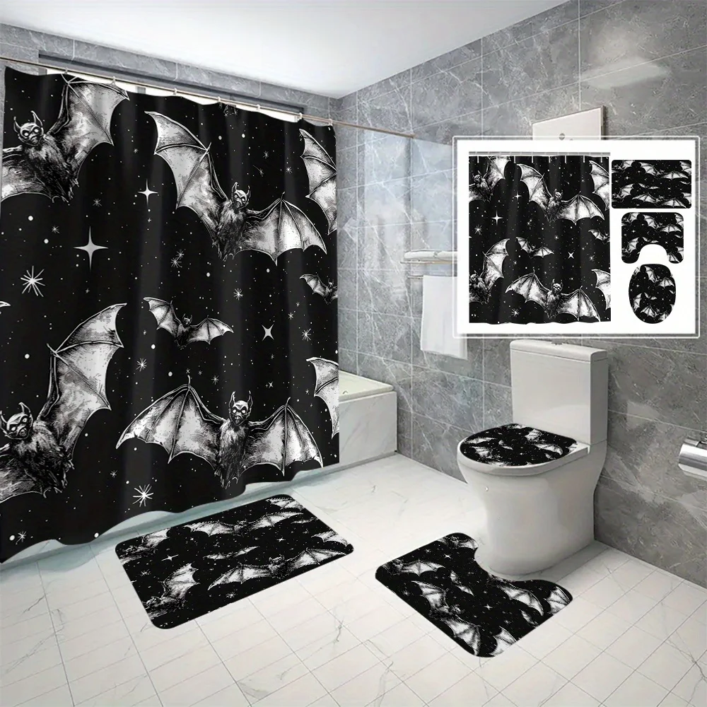 Набор из 4 предметов с принтом летучей мыши, украшение для ванной комнаты, занавеска для душа, нескользящий коврик, коврик для унитаза, U-образный коврик, полиэфирная ткань
Набор из 4 предметов с принтом летучей мыши, украшение для ванной комнаты, занавеска для душа, нескользящий коврик, коврик для унитаза, U-образный коврик, полиэфирная ткань