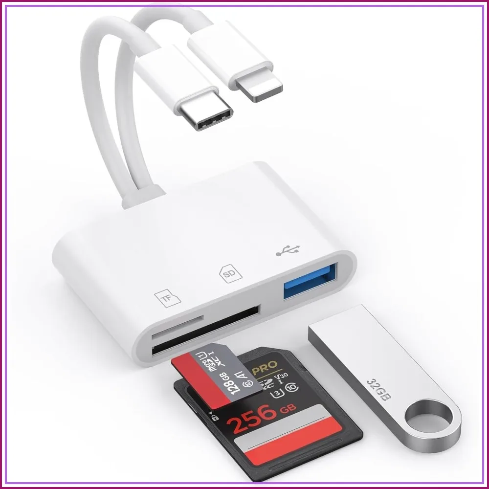 SD Card Reader for iPhone iPad Mac with Lightning & USB-C Dual Connectors, 3-in-1 Memory Card Adapter for SD/Micro SD/USB-A, Plug & Play
SD Card Reader for iPhone iPad Mac with Lightning & USB-C Dual Connectors, 3-in-1 Memory Card Adapter for SD/Micro SD/USB-A, Plug & Play